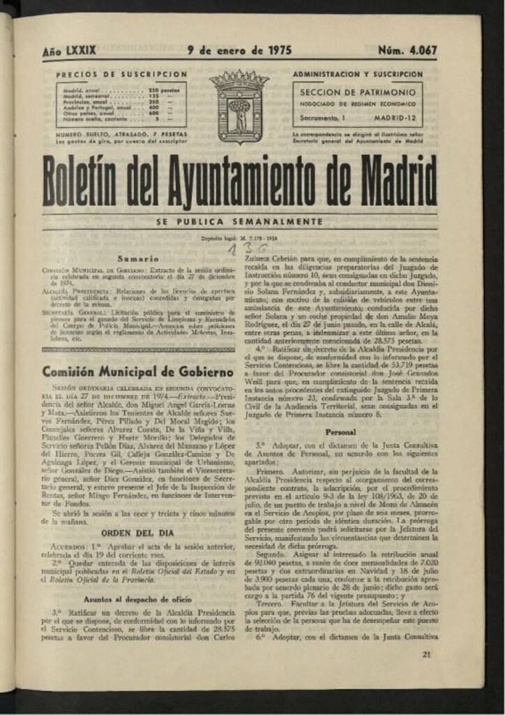 Miniatura de Boletín oficial del Ayuntamiento del 9 de enero de 1975, nº 4067