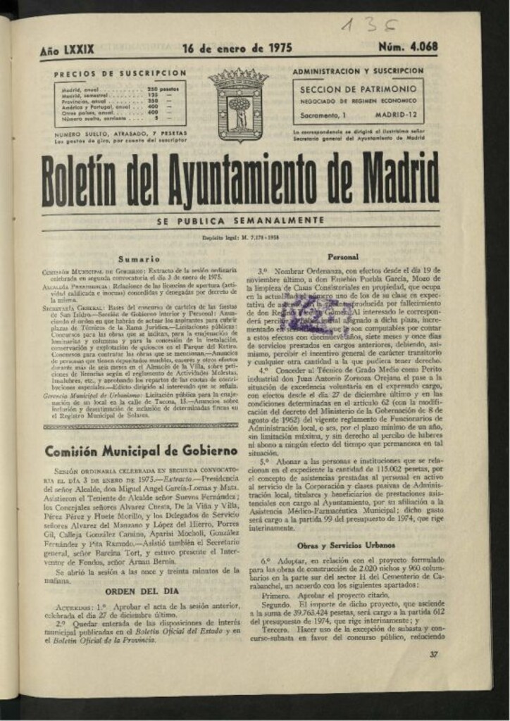 Miniatura de Boletín oficial del Ayuntamiento del 16 de enero de 1975, nº 4068