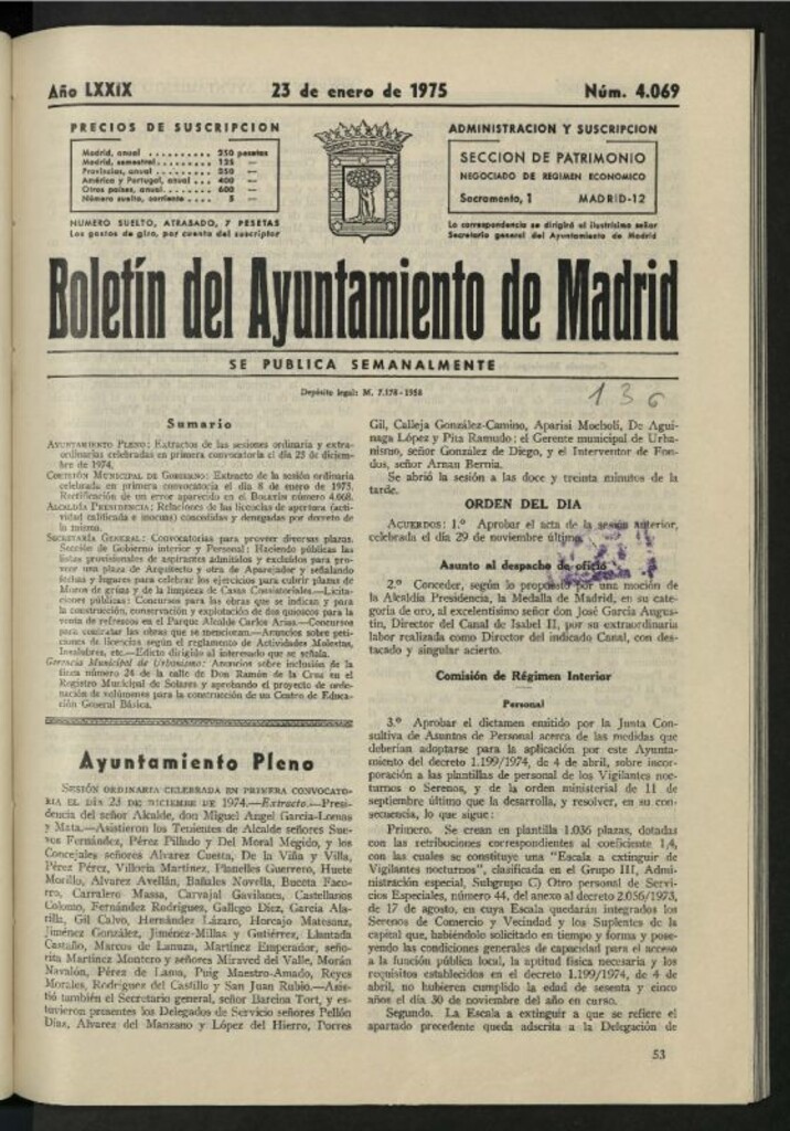 Miniatura de Boletín oficial del Ayuntamiento del 23 de enero de 1975, nº 4069