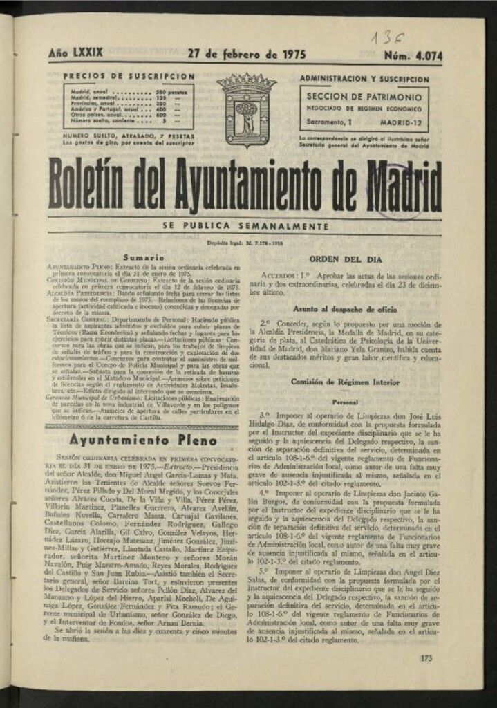 Miniatura de Boletín oficial del Ayuntamiento del 27 de febrero de 1975, nº 4074