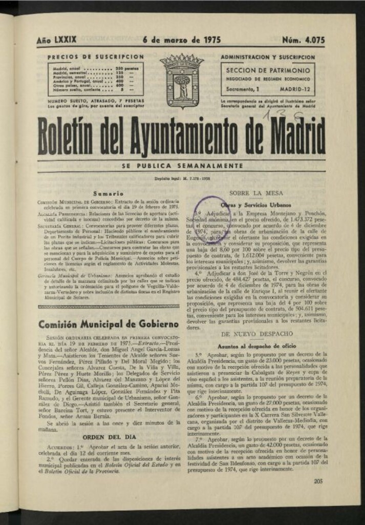 Miniatura de Boletín oficial del Ayuntamiento del 6 de marzo de 1975, nº 4075