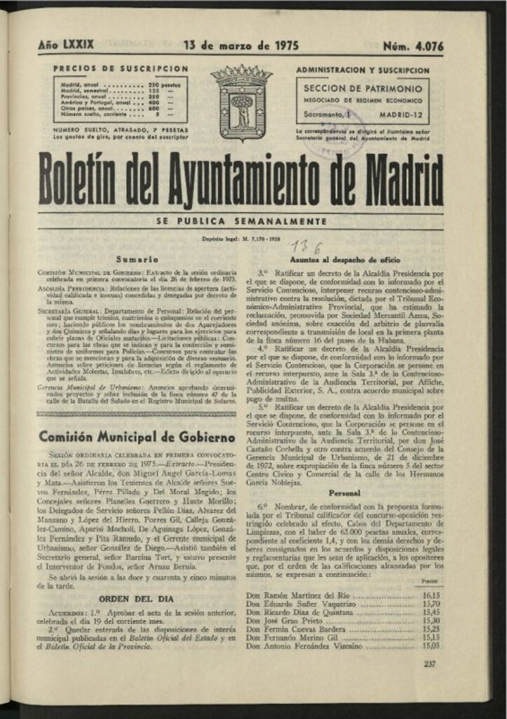 Miniatura de Boletín oficial del Ayuntamiento del 13 de marzo de 1975, nº 4076