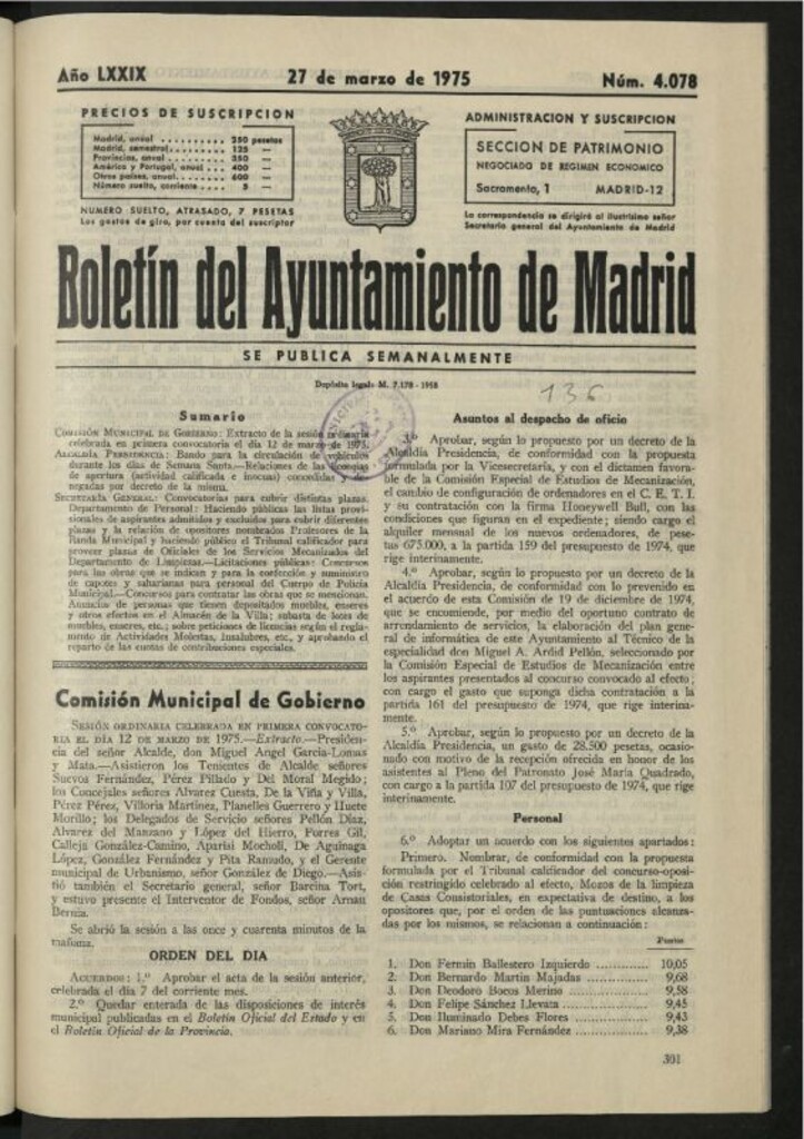 Miniatura de Boletín oficial del Ayuntamiento del 27 de marzo de 1975, nº 4078