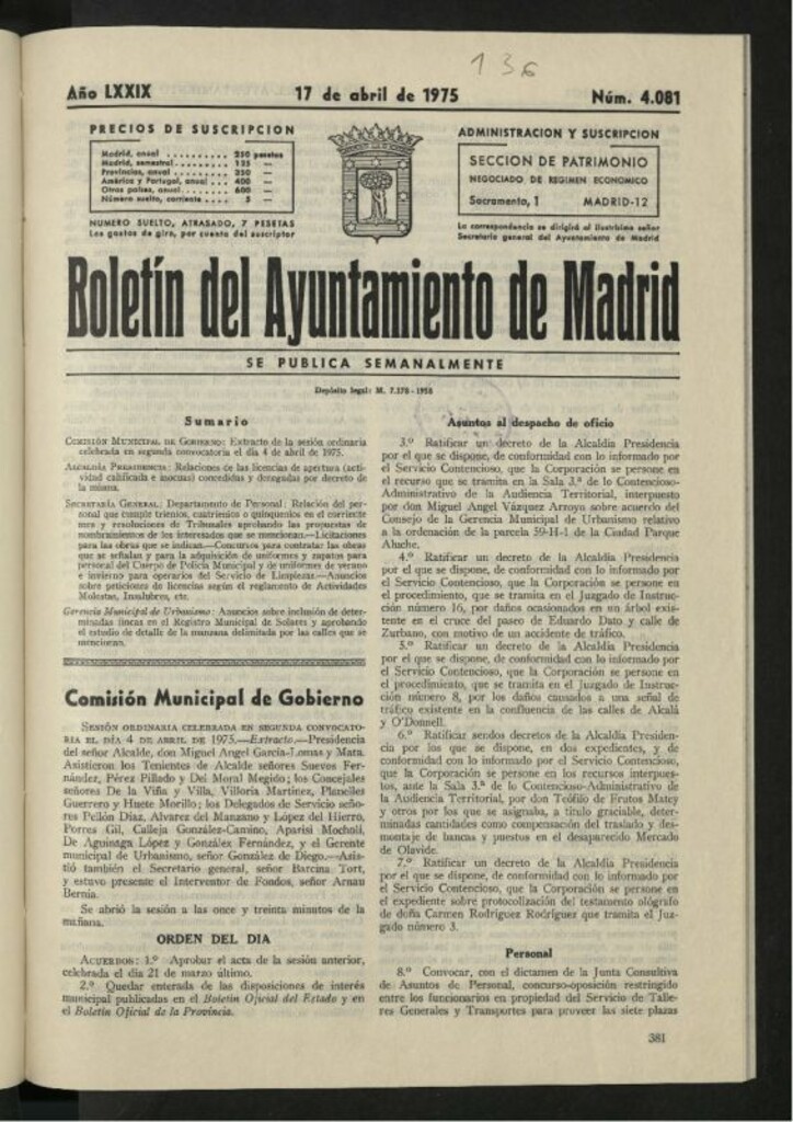 Miniatura de Boletín oficial del Ayuntamiento del 17 de abril de 1975, nº 4081