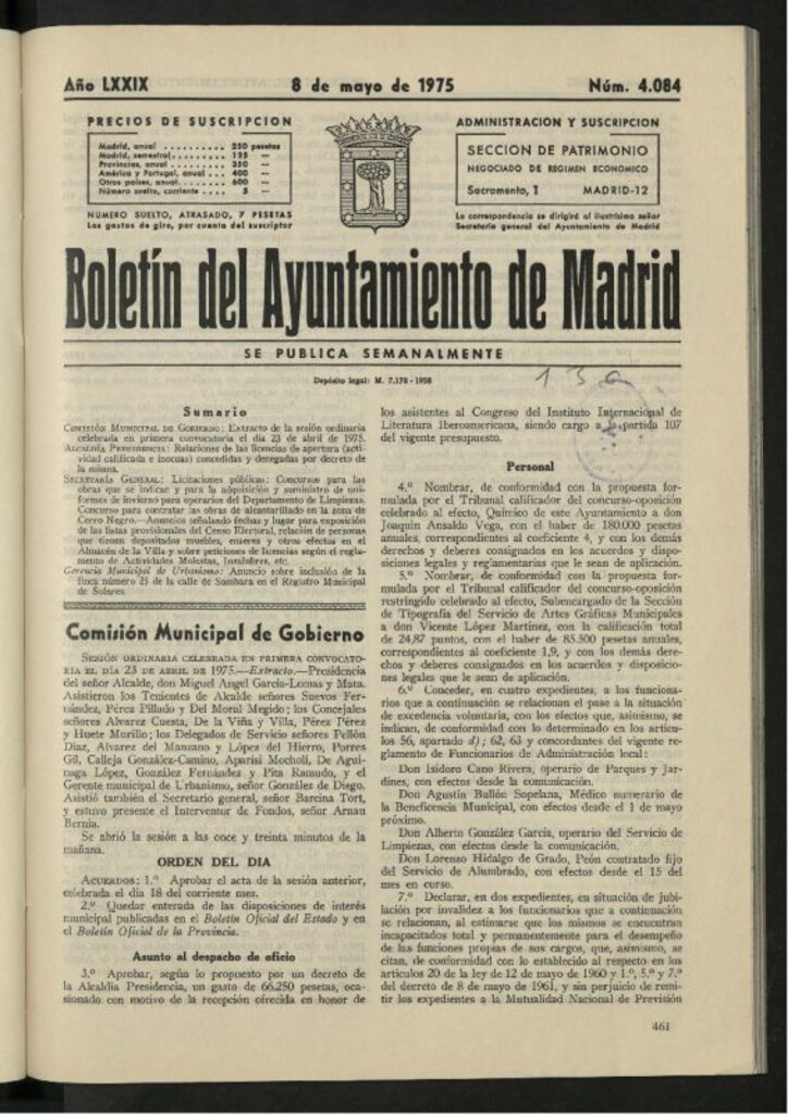 Miniatura de Boletín oficial del Ayuntamiento del 8 de mayo de 1975, nº 4084