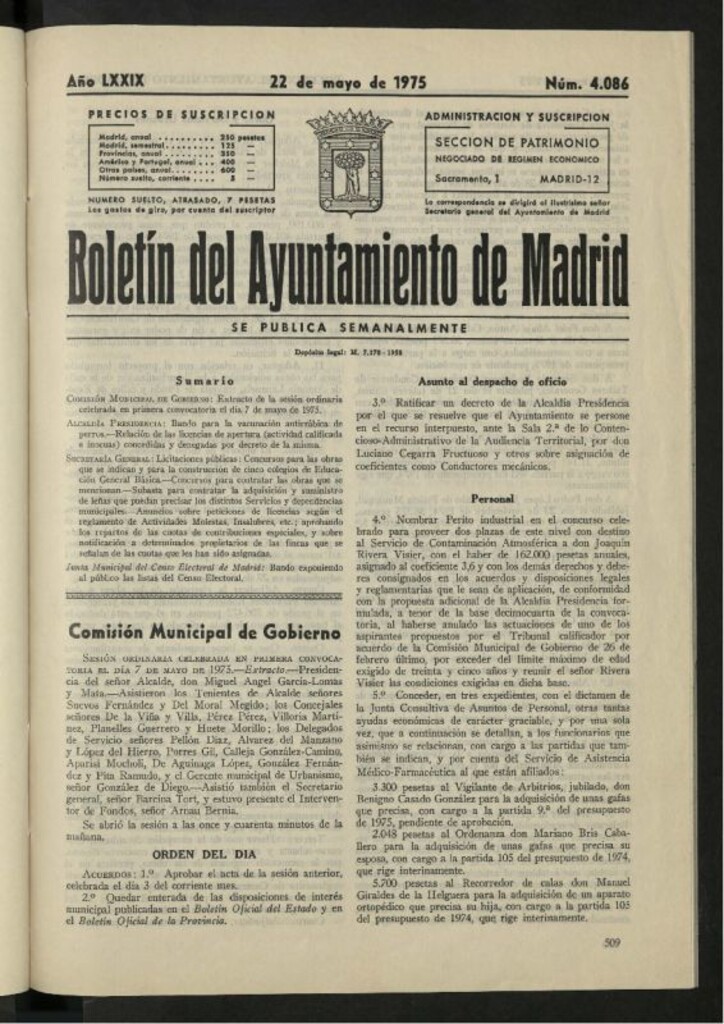 Miniatura de Boletín oficial del Ayuntamiento del 22 de mayo de 1975, nº 4086