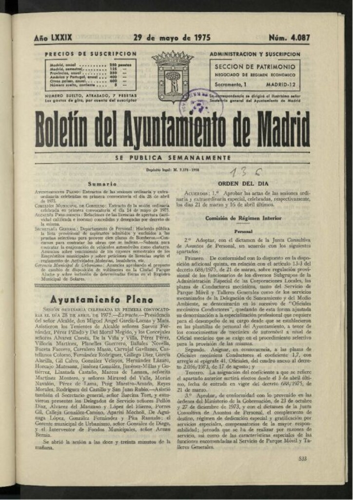 Miniatura de Boletín oficial del Ayuntamiento del 29 de mayo de 1975, nº 4087