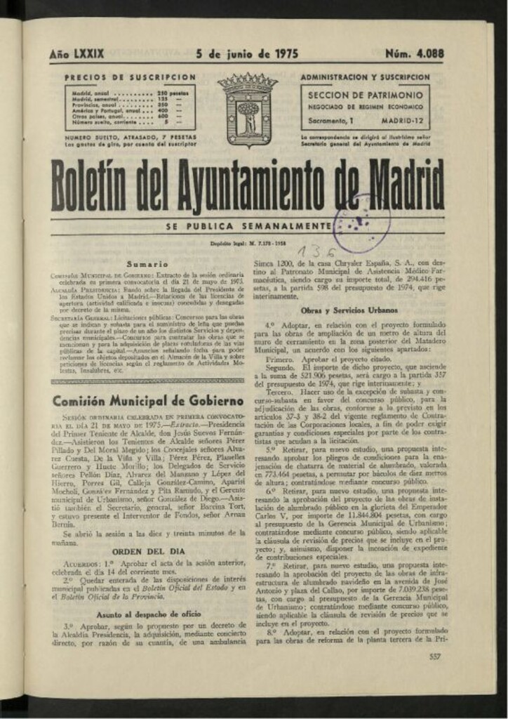 Miniatura de Boletín oficial del Ayuntamiento del 5 de junio de 1975, nº 4088