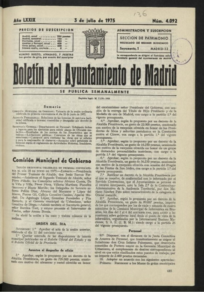 Miniatura de Boletín oficial del Ayuntamiento del 3 de julio de 1975, nº 4092