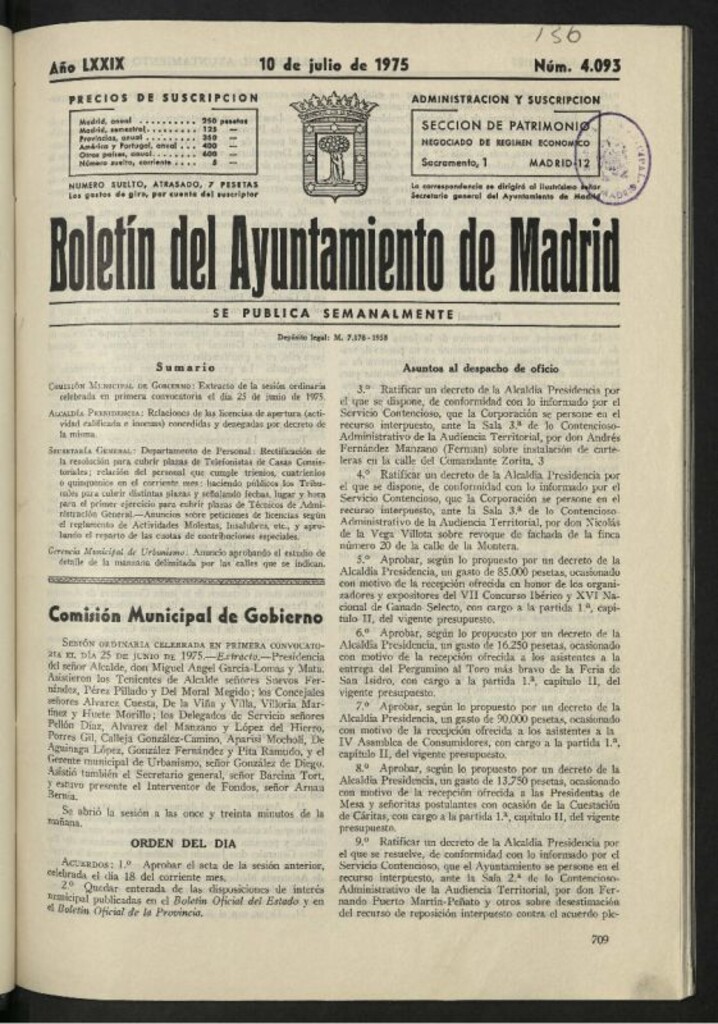 Miniatura de Boletín oficial del Ayuntamiento del 10 de julio de 1975, nº 4093
