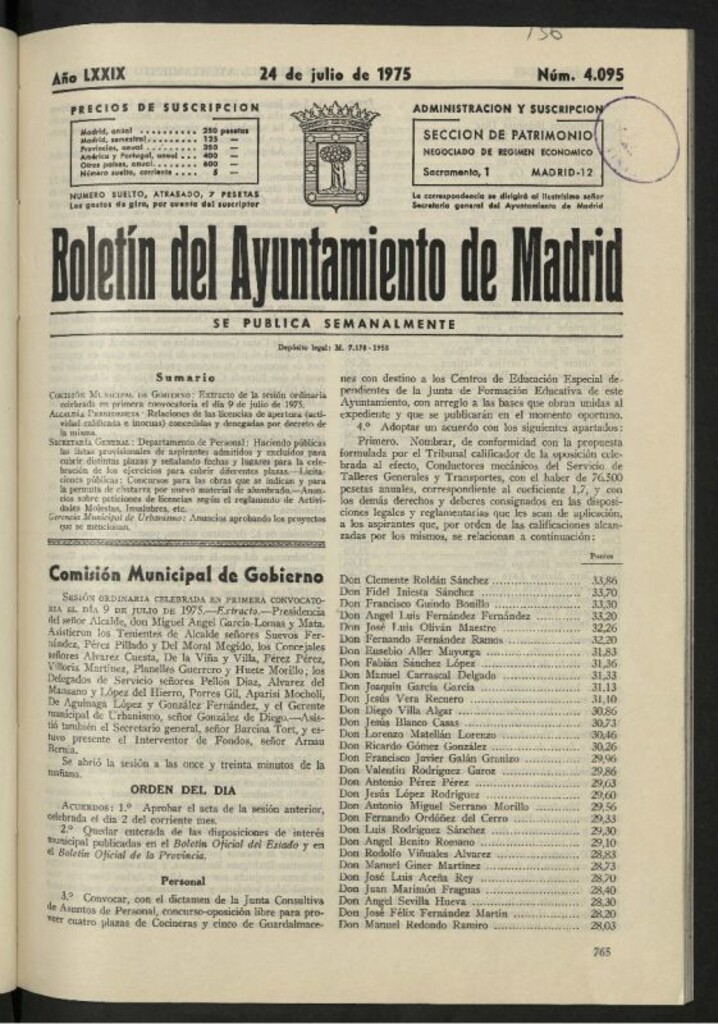 Miniatura de Boletín oficial del Ayuntamiento del 24 de julio de 1975, nº 4095