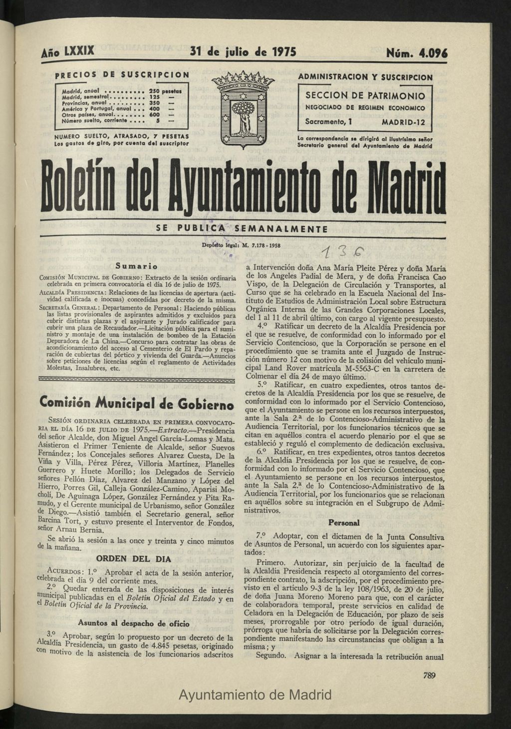 Miniatura de Boletín oficial del Ayuntamiento del 31 de julio de 1975, nº 4096
