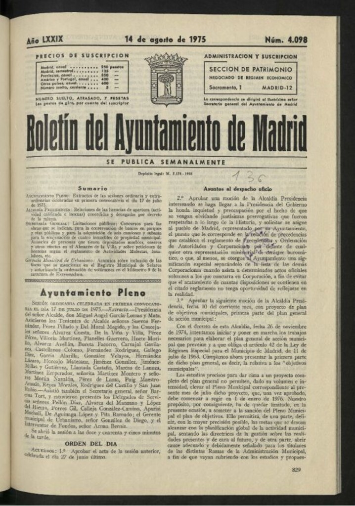 Miniatura de Boletín oficial del Ayuntamiento del 14 de agosto de 1975, nº 4098