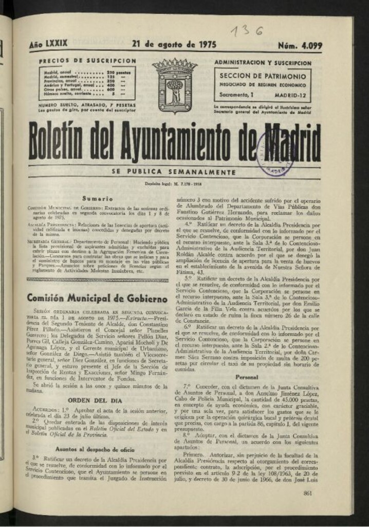 Miniatura de Boletín oficial del Ayuntamiento del 21 de agosto de 1975, nº 4099