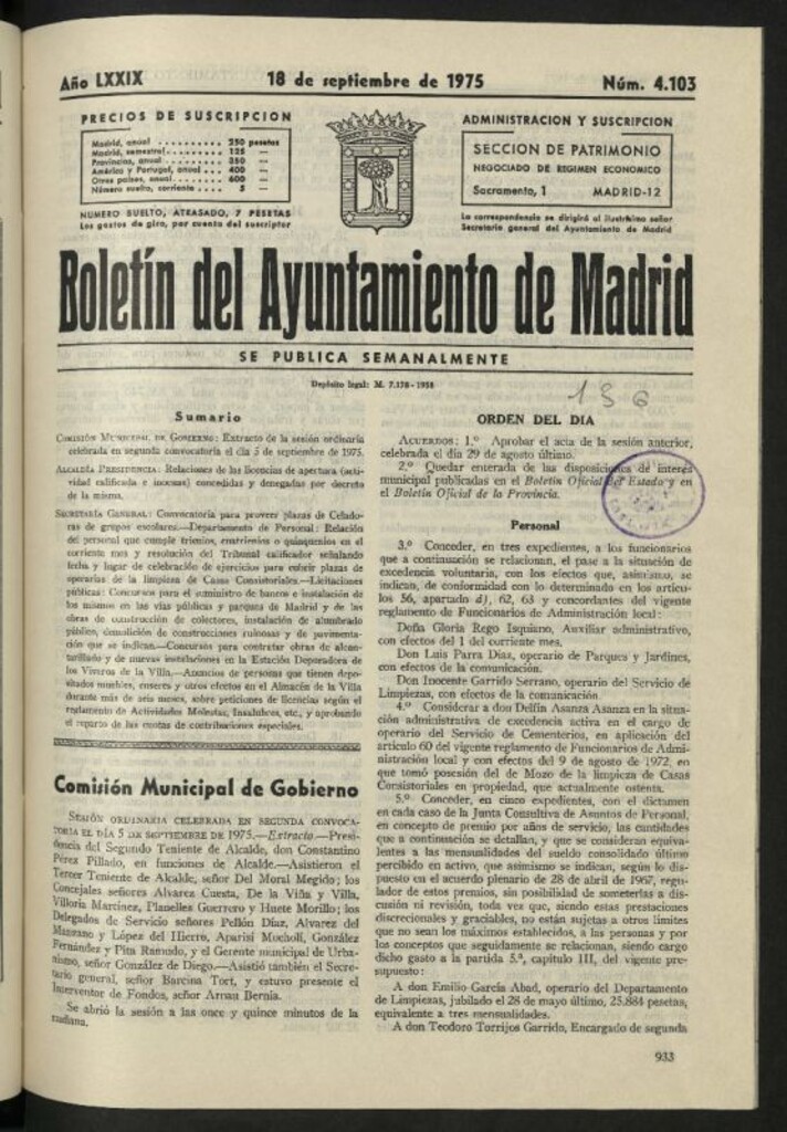 Miniatura de Boletín oficial del Ayuntamiento del 18 de septiembre de 1975, nº 4103
