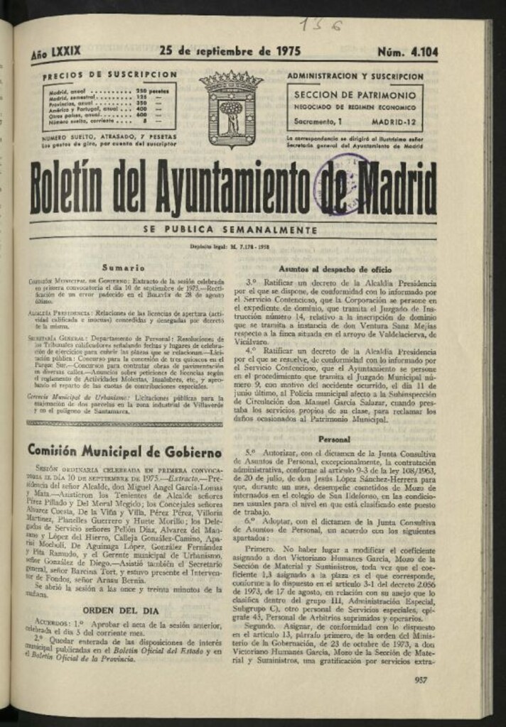 Miniatura de Boletín oficial del Ayuntamiento del 25 de septiembre de 1975, nº 4104