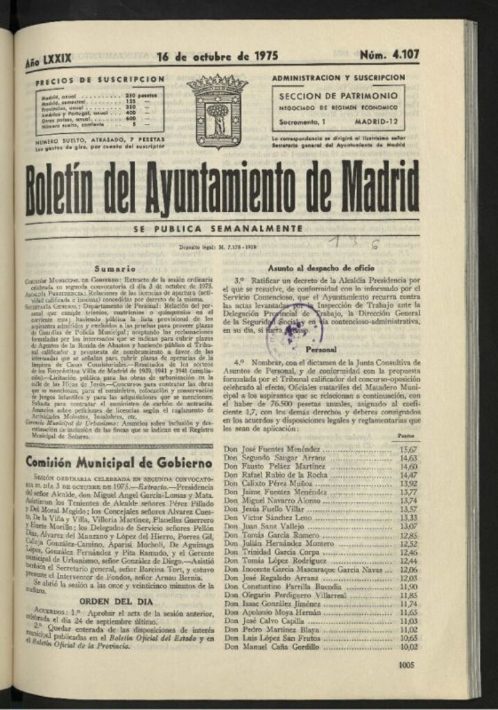 Miniatura de Boletín oficial del Ayuntamiento del 16 de octubre de 1975, nº 4107