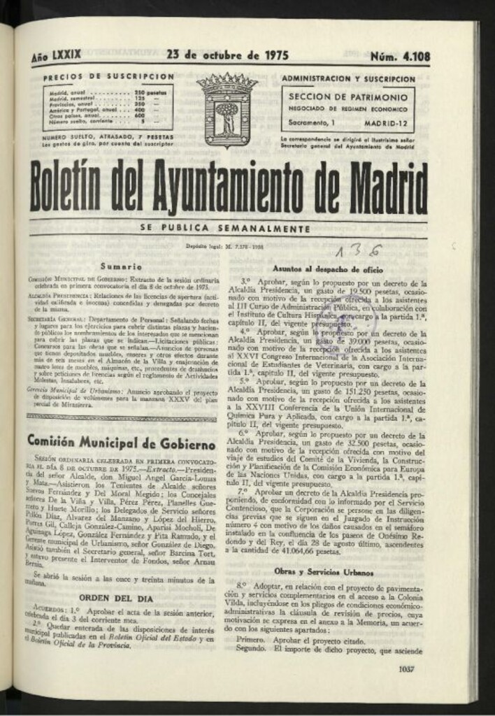 Miniatura de Boletín oficial del Ayuntamiento del 23 de octubre de 1975, nº 4108