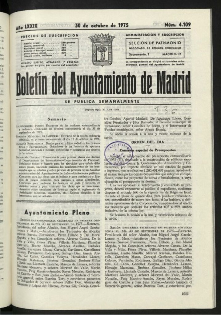 Miniatura de Boletín oficial del Ayuntamiento del 30 de octubre de 1975, nº 4109