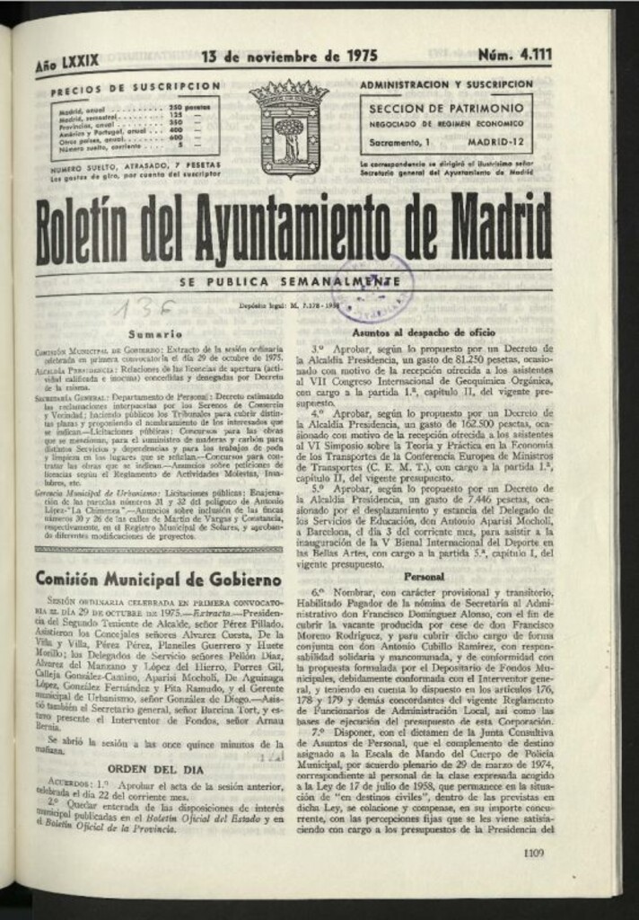 Miniatura de Boletín oficial del Ayuntamiento del 13 de noviembre de 1975, nº 4111