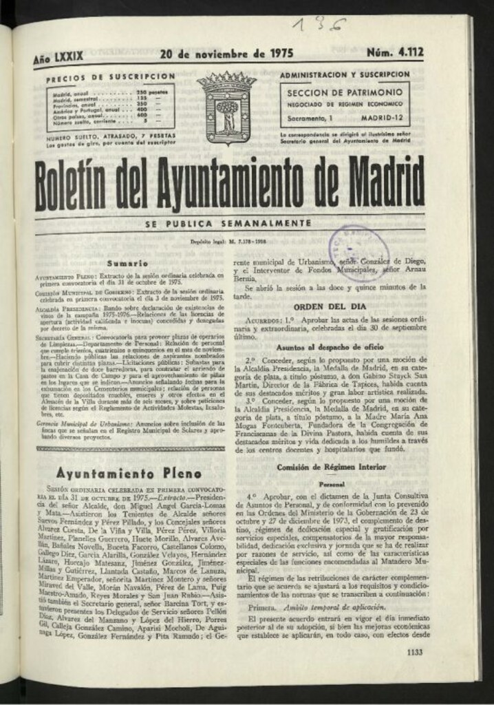 Miniatura de Boletín oficial del Ayuntamiento del 20 de noviembre de 1975, nº 4112