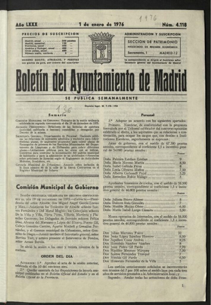Miniatura de Boletín oficial del Ayuntamiento del 1 de enero de 1976, nº 4118