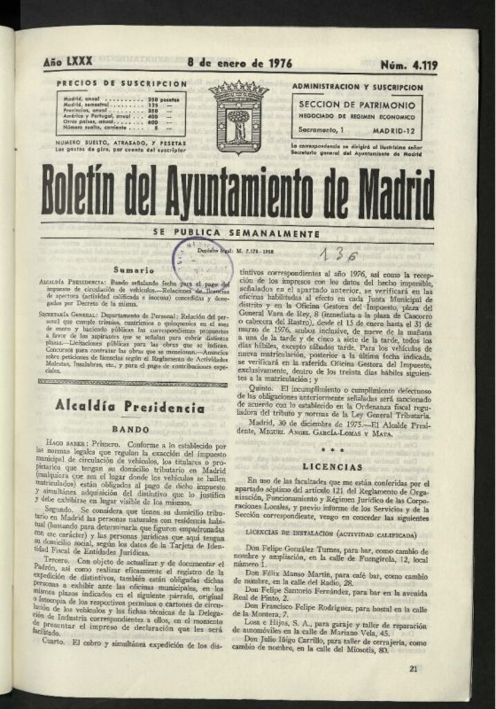 Miniatura de Boletín oficial del Ayuntamiento del 8 de enero de 1976, nº 4119
