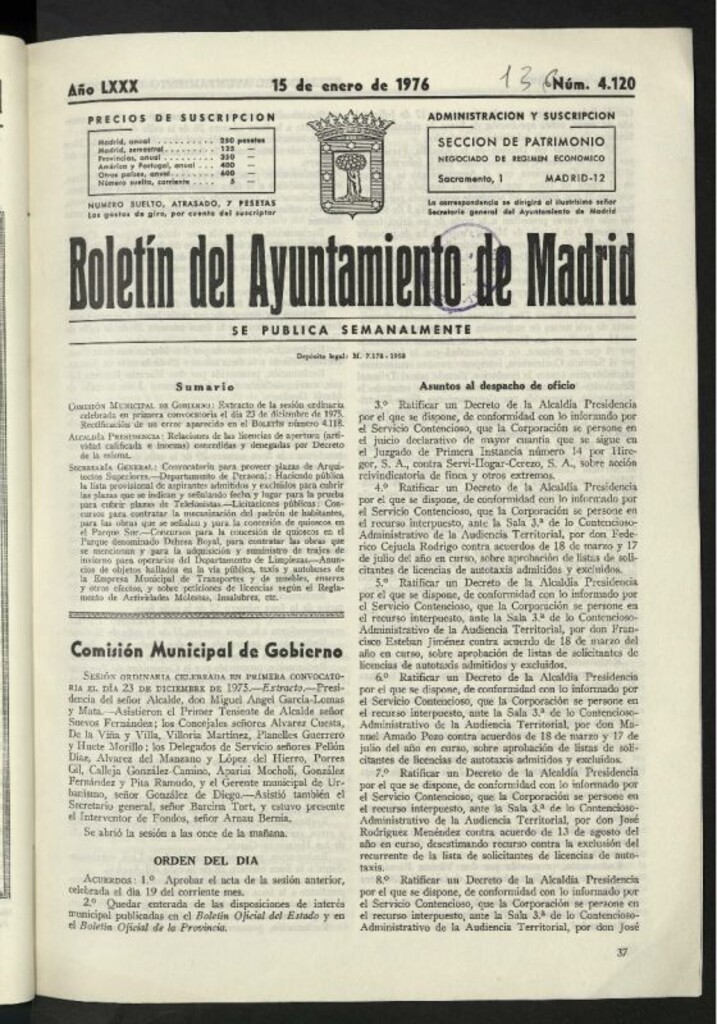 Miniatura de Boletín oficial del Ayuntamiento del 15 de enero de 1976, nº 4120
