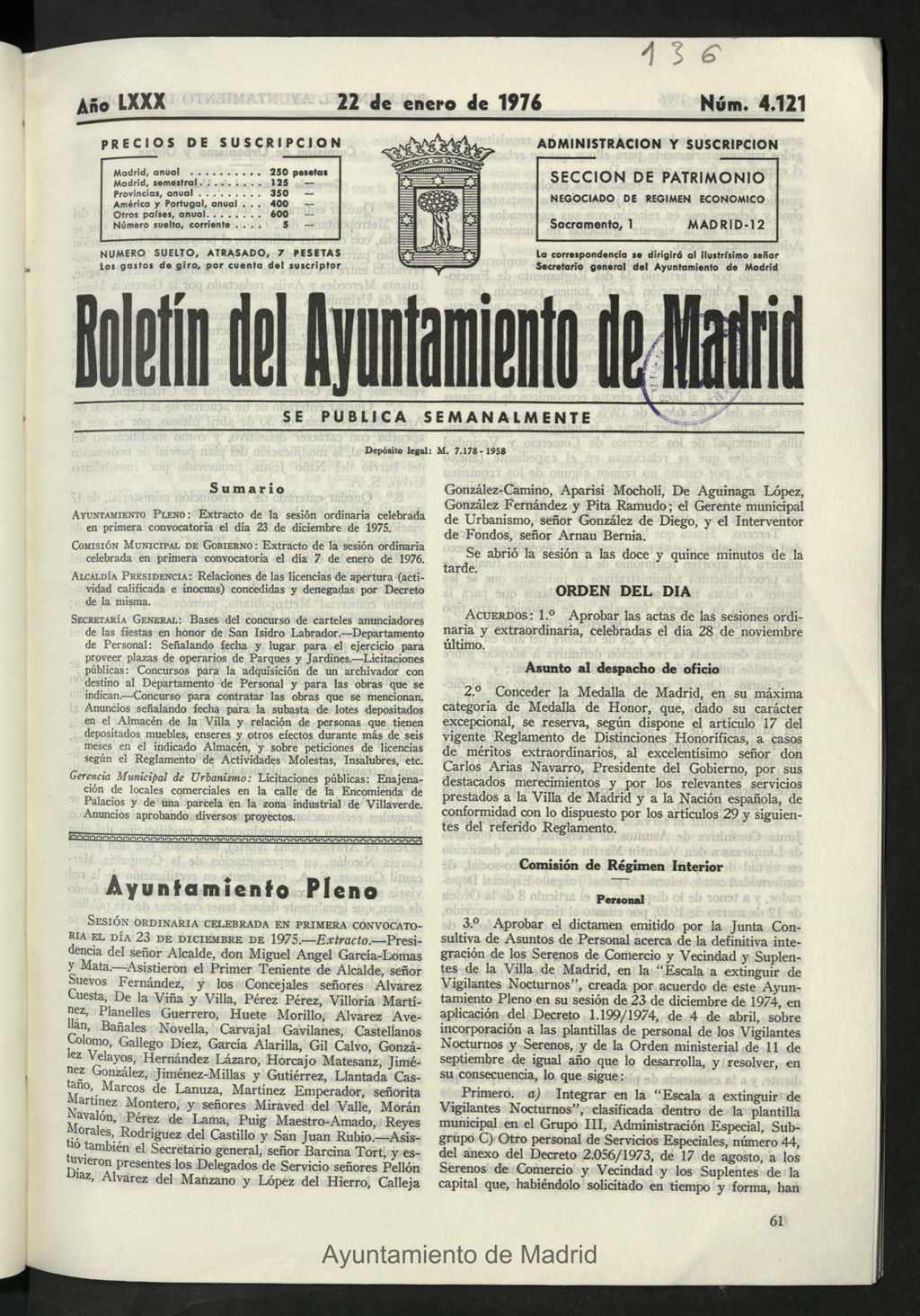 Miniatura de Boletín oficial del Ayuntamiento del 22 de enero de 1976, nº 4121