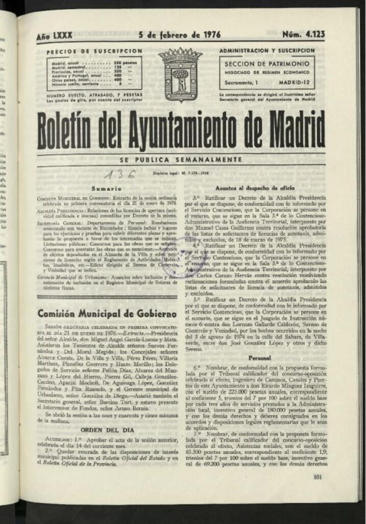 Miniatura de Boletín oficial del Ayuntamiento del 5 de febrero de 1976, nº 4123