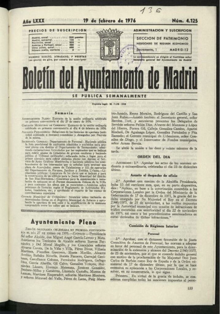 Miniatura de Boletín oficial del Ayuntamiento del 19 de febrero de 1976, nº 4125