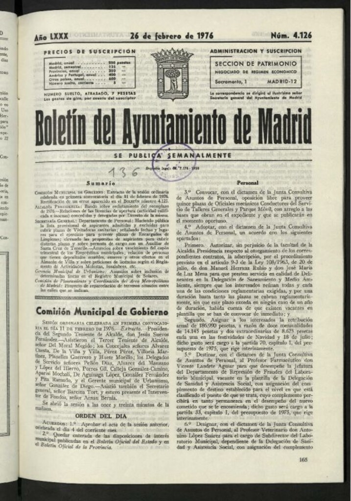 Miniatura de Boletín oficial del Ayuntamiento del 26 de febrero de 1976, nº 4126
