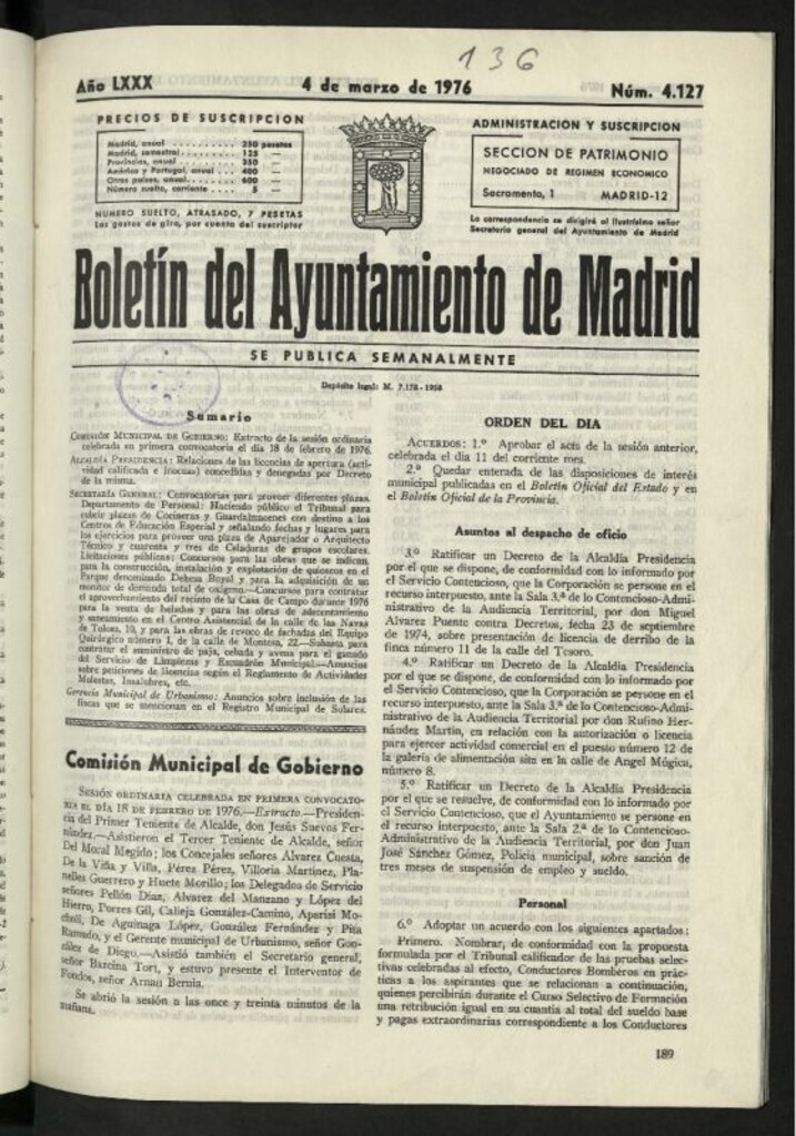 Miniatura de Boletín oficial del Ayuntamiento del 4 de marzo de 1976, nº 4127