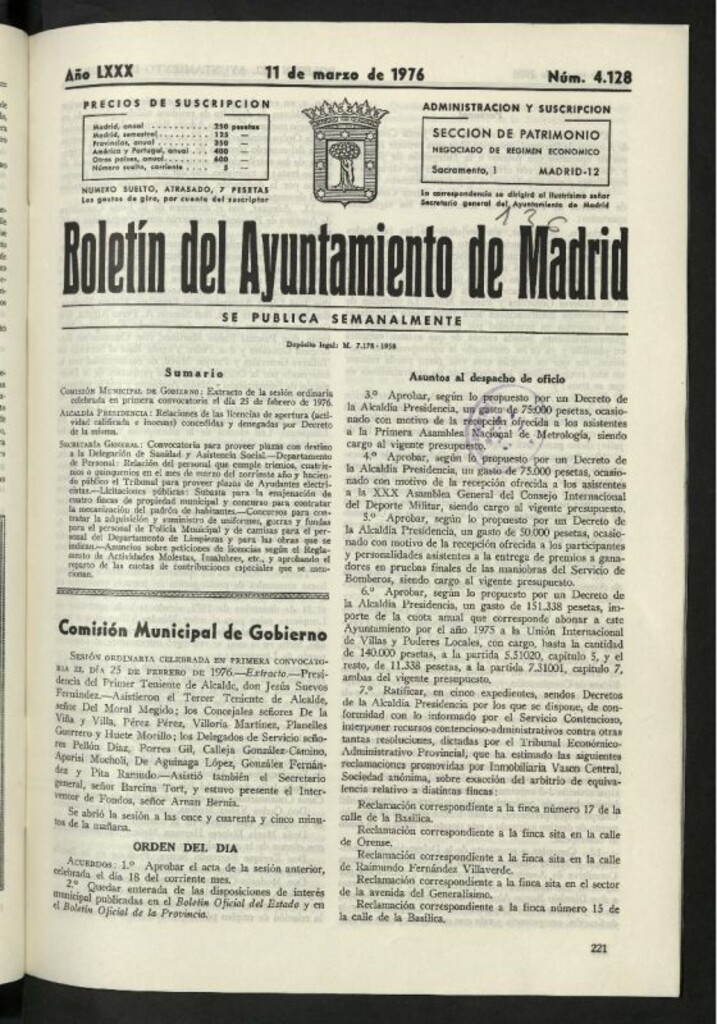 Miniatura de Boletín oficial del Ayuntamiento del 11 de marzo de 1976, nº 4128