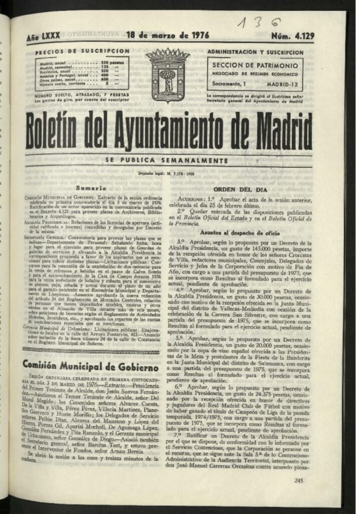 Miniatura de Boletín oficial del Ayuntamiento del 18 de marzo de 1976, nº 4129