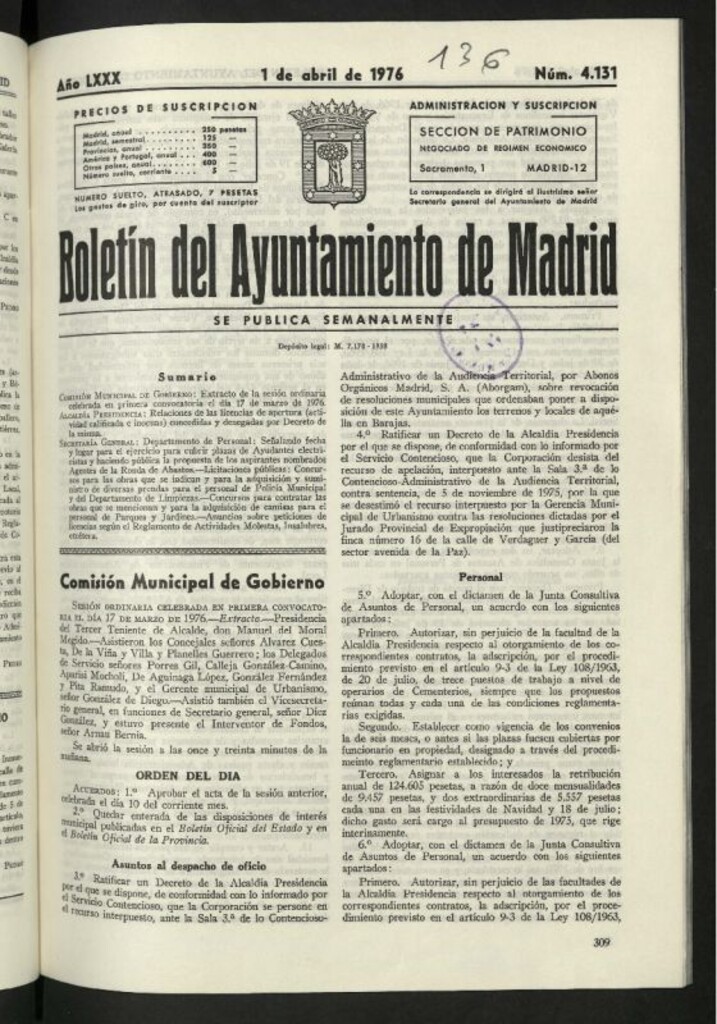 Miniatura de Boletín oficial del Ayuntamiento del 1 de abril de 1976, nº 4131