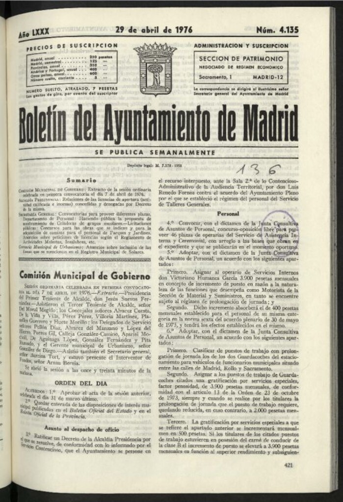 Miniatura de Boletín oficial del Ayuntamiento del 29 de abril de 1976, nº 4135