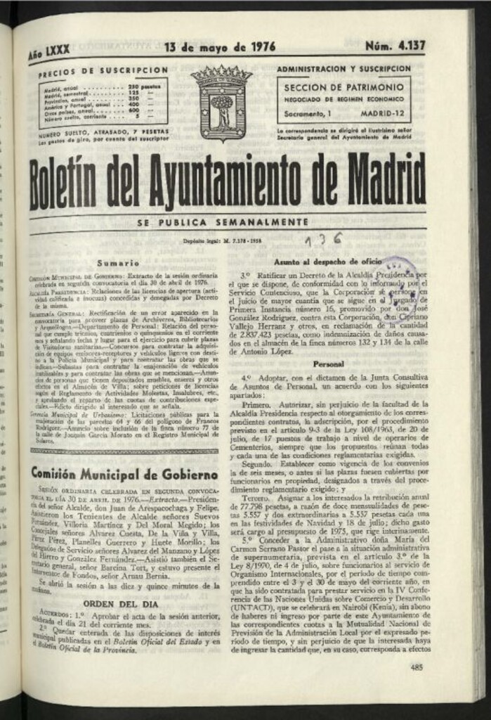 Miniatura de Boletín oficial del Ayuntamiento del 13 de mayo de 1976, nº 4137