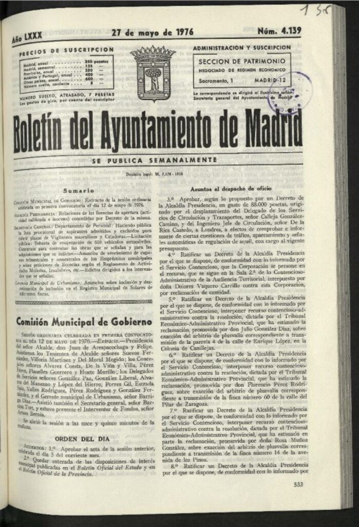 Miniatura de Boletín oficial del Ayuntamiento del 27 de mayo de 1976, nº 4139