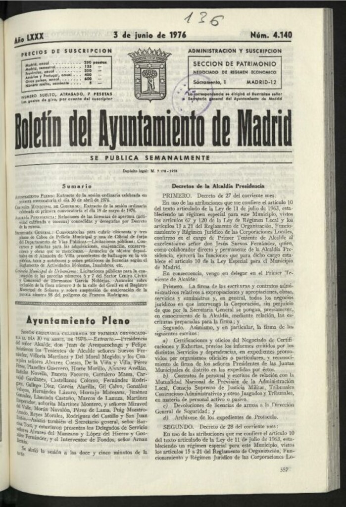 Miniatura de Boletín oficial del Ayuntamiento del 3 de junio de 1976, nº 4140