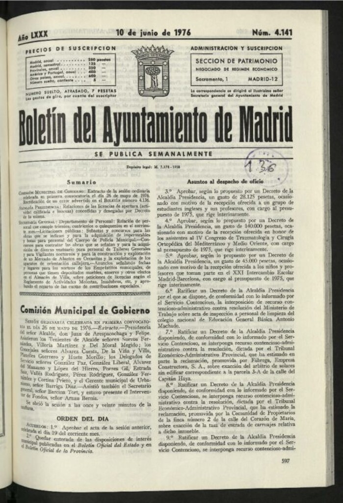 Miniatura de Boletín oficial del Ayuntamiento del 10 de junio de 1976, nº 4141