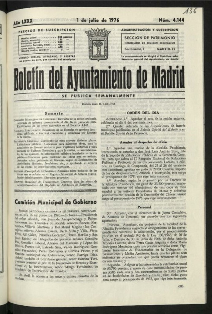 Miniatura de Boletín oficial del Ayuntamiento del 1 de julio de 1976, nº 4144