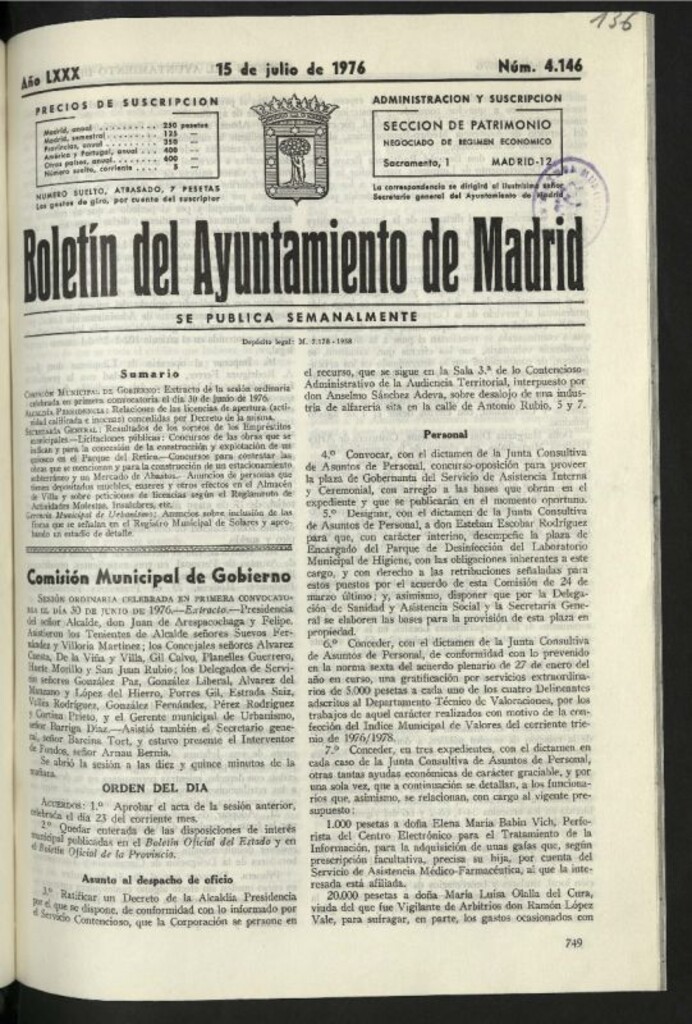 Miniatura de Boletín oficial del Ayuntamiento del 15 de julio de 1976, nº 4146