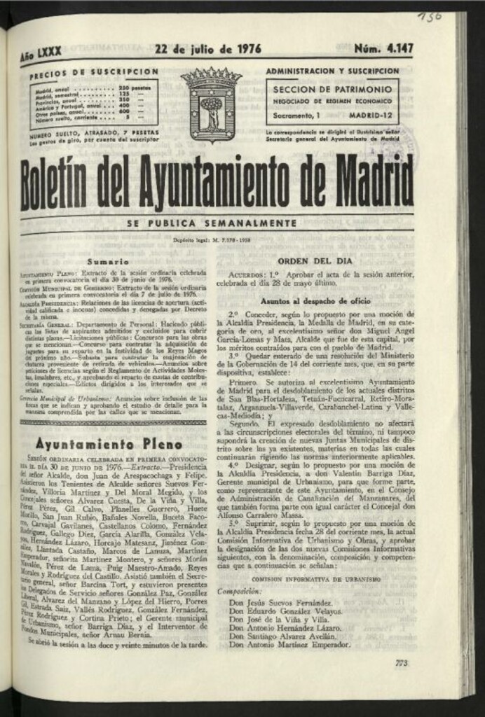 Miniatura de Boletín oficial del Ayuntamiento del 22 de julio de 1976, nº 4147