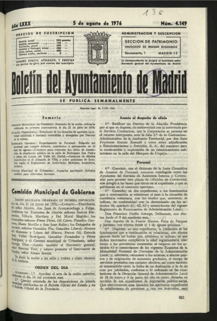 Miniatura de Boletín oficial del Ayuntamiento del 5 de agosto de 1976, nº 4149