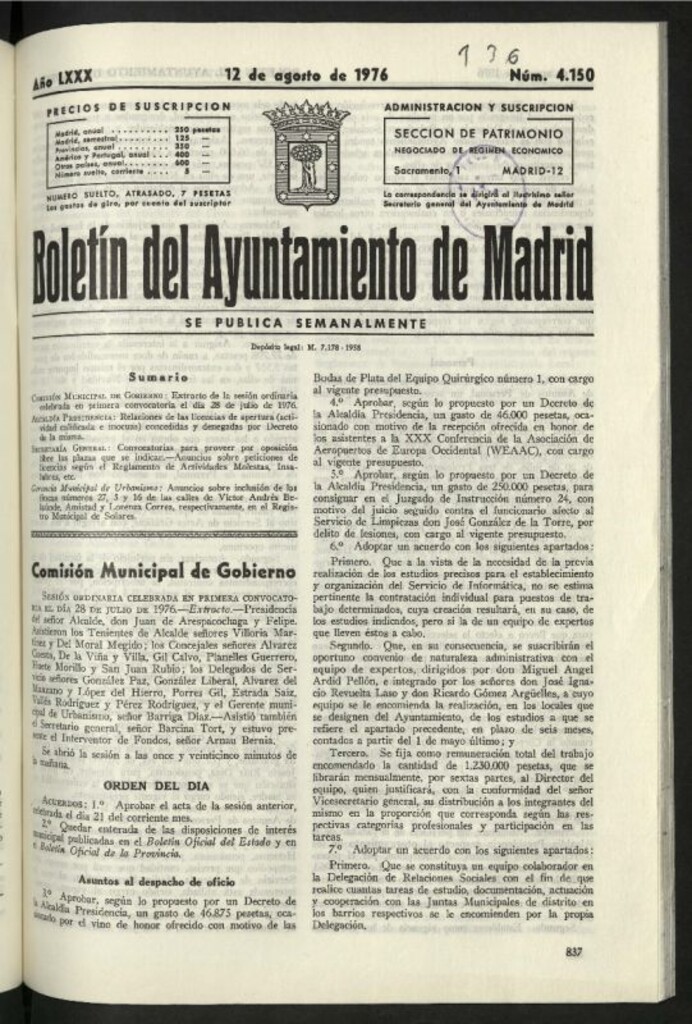 Miniatura de Boletín oficial del Ayuntamiento del 12 de agosto de 1976, nº 4150