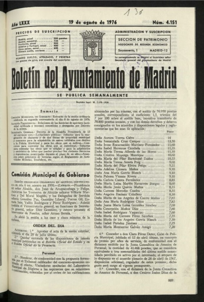 Miniatura de Boletín oficial del Ayuntamiento del 19 de agosto de 1976, nº 4151