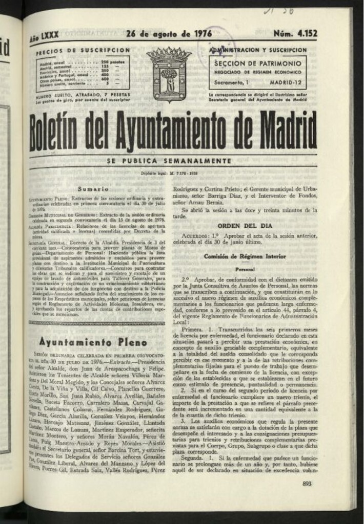 Miniatura de Boletín oficial del Ayuntamiento del 26 de agosto de 1976, nº 4152