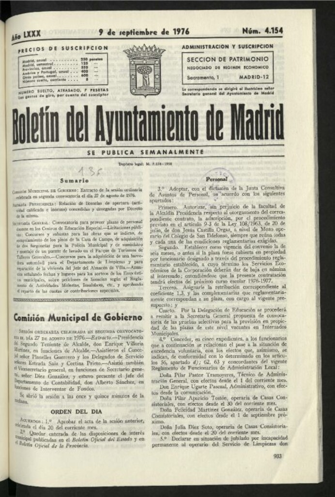 Miniatura de Boletín oficial del Ayuntamiento del 9 de septiembre de 1976, nº 4154