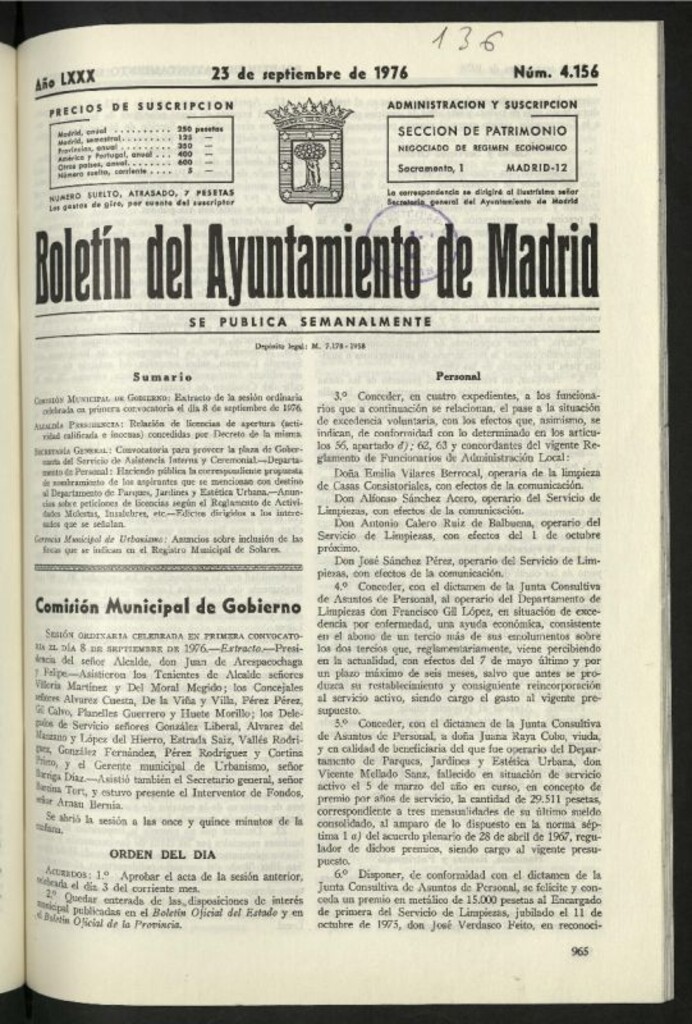 Miniatura de Boletín oficial del Ayuntamiento del 23 de septiembre de 1976, nº 4156